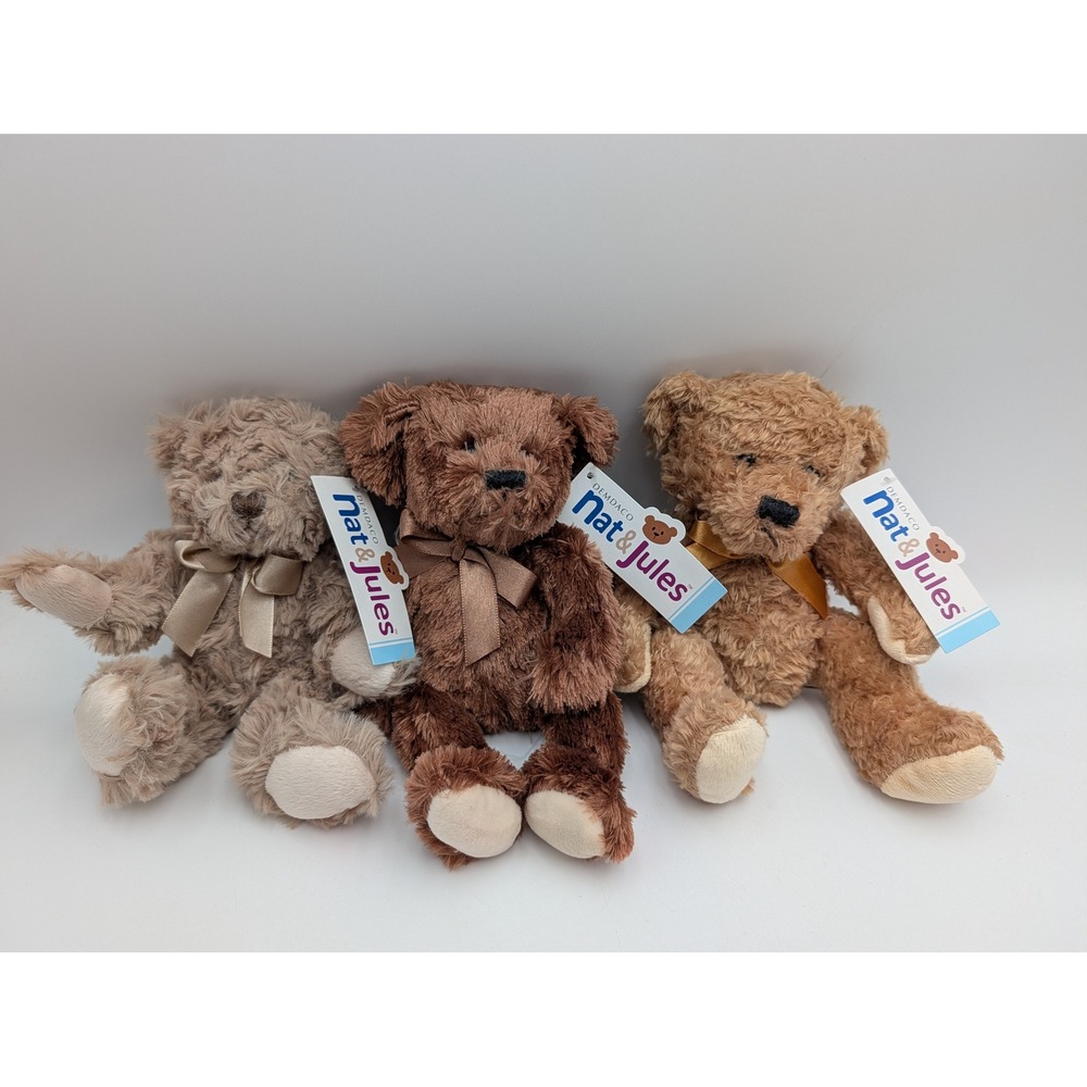 Demdaco Nat and Jules Mini Bears Brown Lot of 3 Plush 7 Inch Stuffed Animal Toy